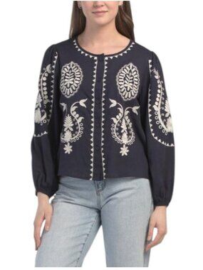 Solitaire Embroidered Linen Blend Button-Down Bohemian Blouse Long Sleeve Blue